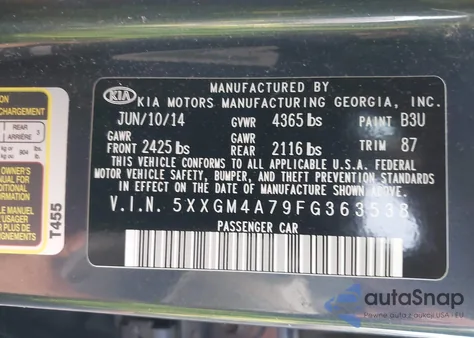 2015 Kia Optima Lx из США, поврежденный, VIN 5XXGM4A79FG363538